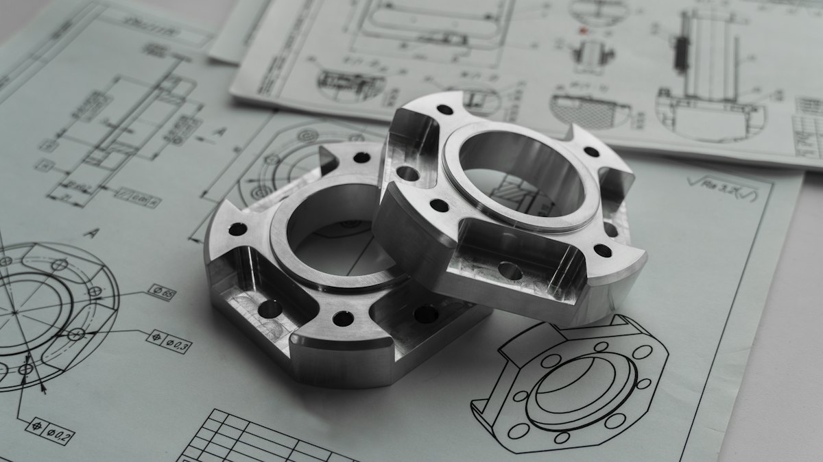 Zwei präzise gefräste Metallteile auf technischen Zeichnungen